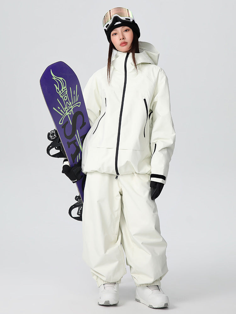 Women's baggy snow suit in neutral tones, 20K waterproof breathable mountain ski gear relaxed fit