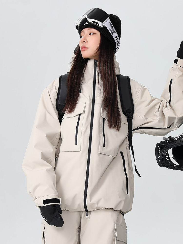 Women's mountain snow jacket waterproof breathable white adjustable hood ski shell winter coat