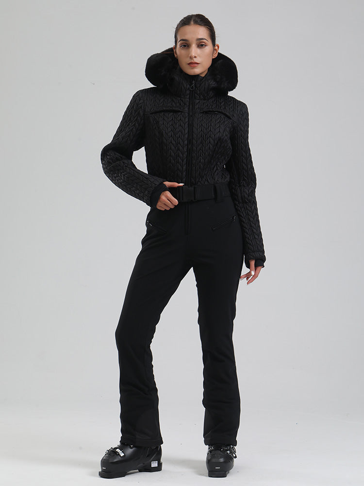 Women's white ski suit flare silhouette with faux fur trim hood, 20K waterproof mountain chic