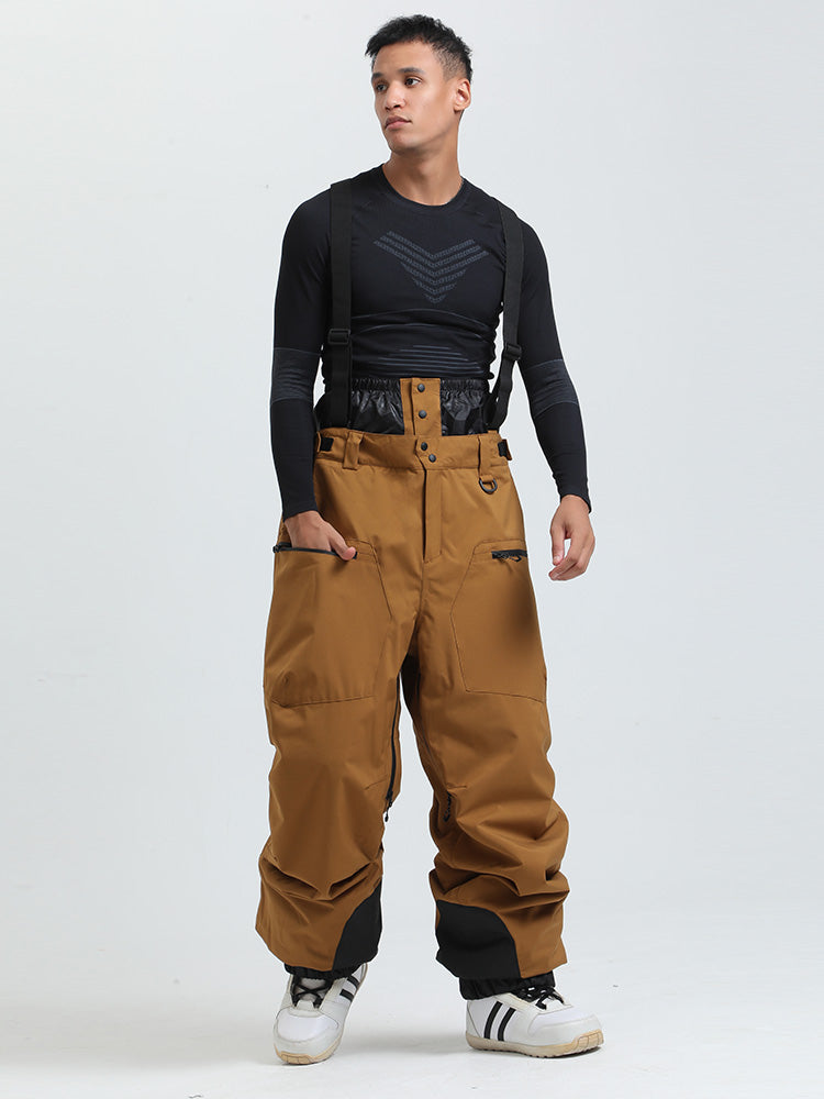 Men's waterproof snow bib pants black cargo style removable suspenders ski gaiter 15K breathable