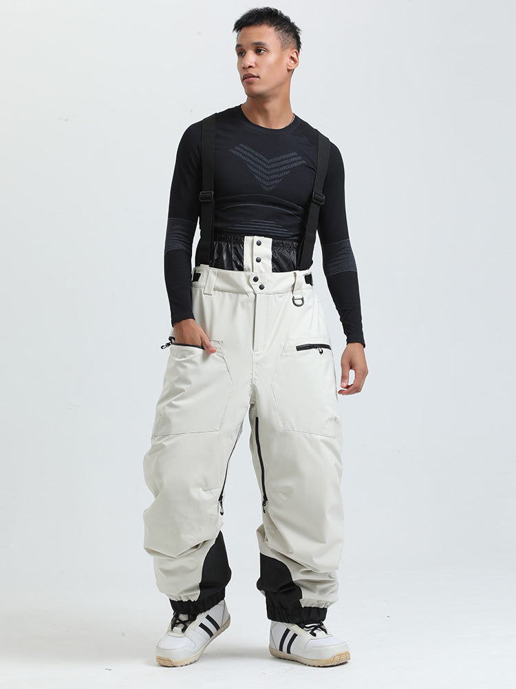 Men's black waterproof ski bib pants with removable suspenders, cargo pockets, and integrated gaiters