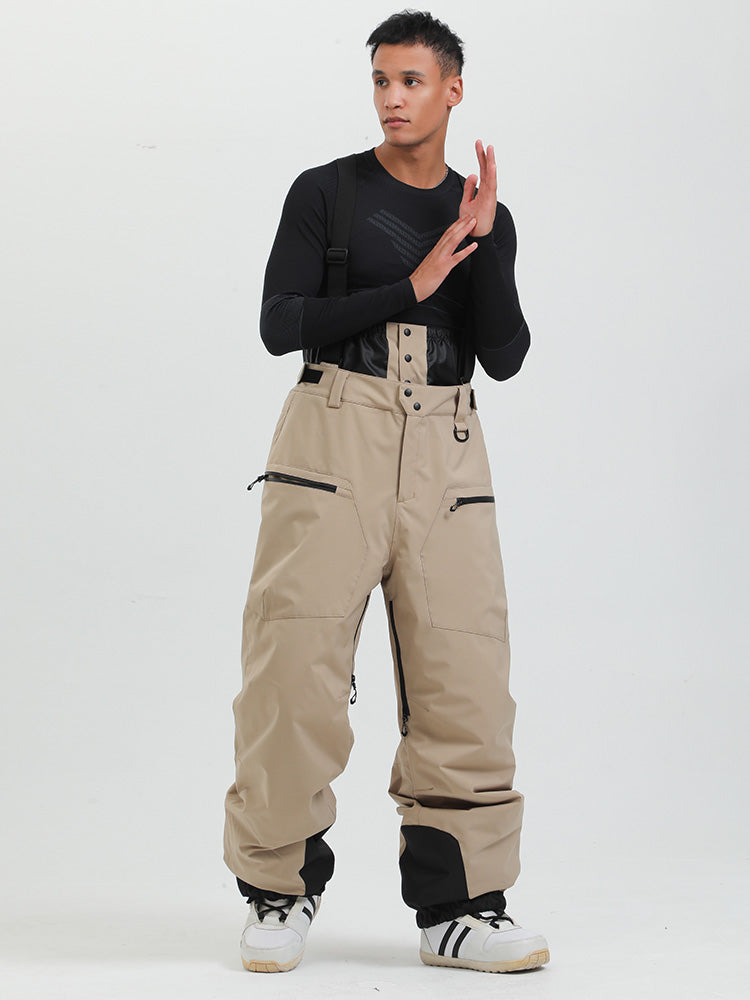 Men's black cargo snow bib pants 15K waterproof removable bibs and integrated gaiter
