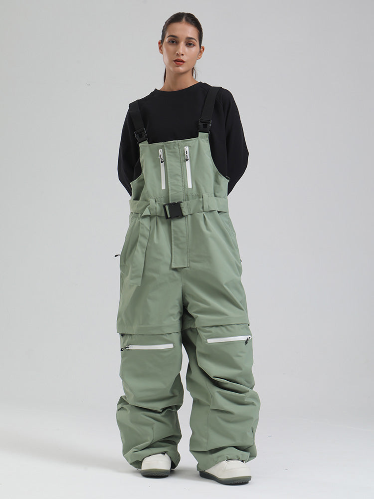 Women's baggy snowboard bibs freestyle cut 20K waterproof nylon with adjustable suspenders