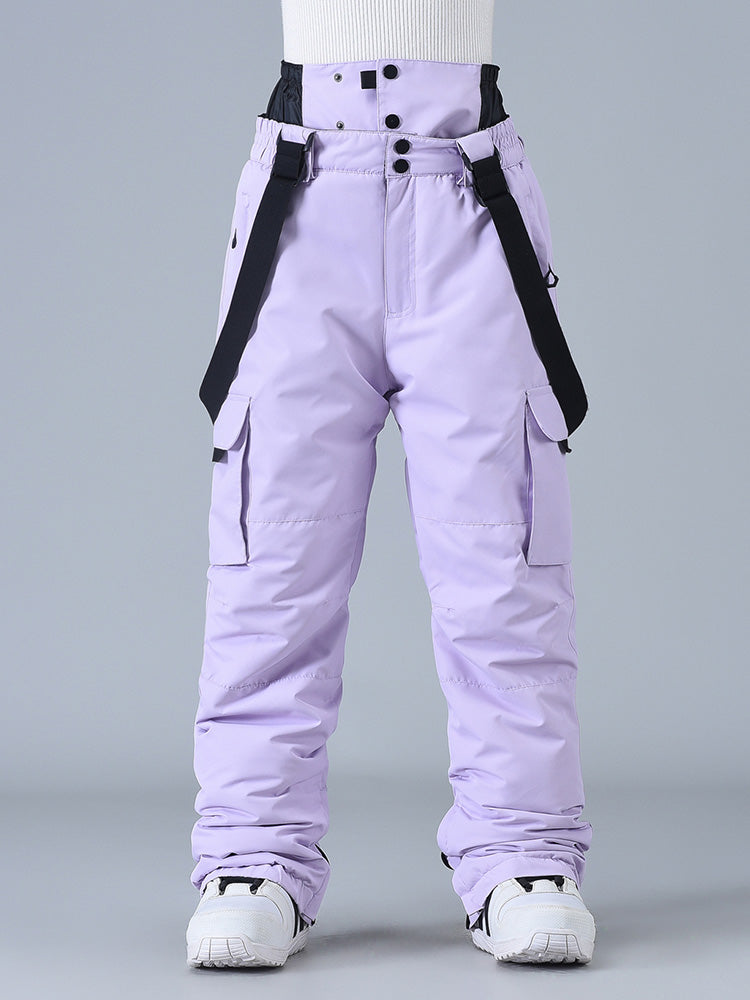 Women's black bib snow pants 10K waterproof with adjustable suspenders and boot gaiters for mountain use