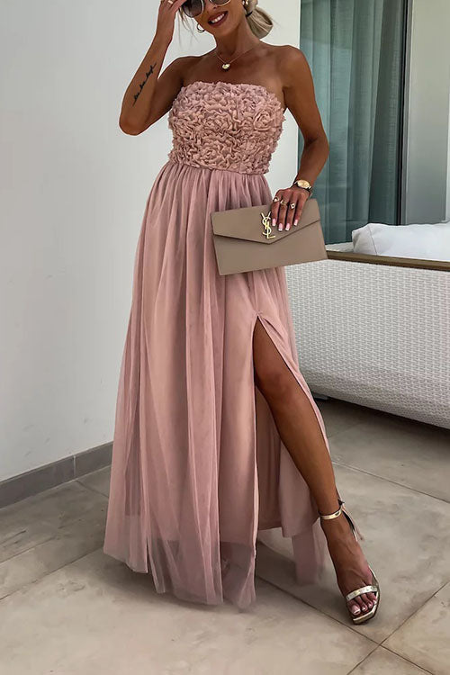 Women's strapless maxi dress textured bodice high slit flowing formal gown elegant fit