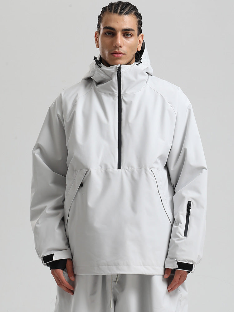 Men's black pullover anorak snowboard jacket urban-style cut with 20K waterproof breathable performance fabric