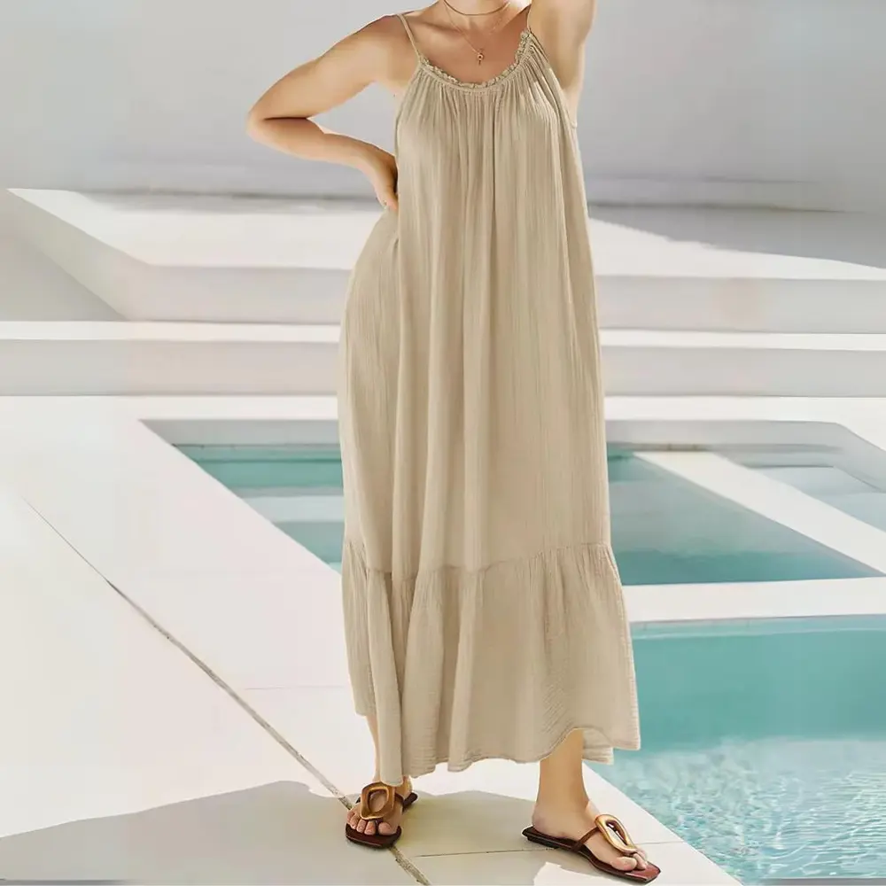 Ruched muslin maxi dress sleeveless relaxed cotton breathable summer women flowing silhouette