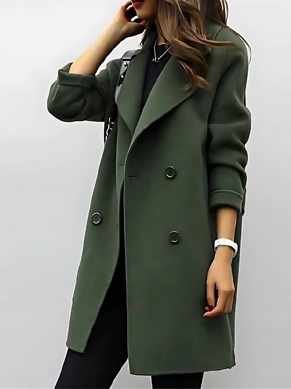 Black double-breasted longline jacket tailored silhouette with classic polished front closure