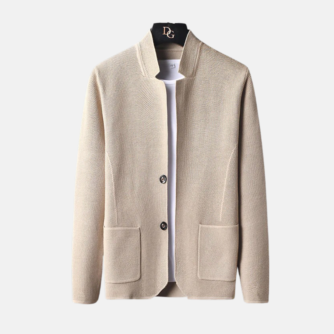 Men's fine knit cardigan band collar slim fit versatile smart-casual layering piece in neutral tone