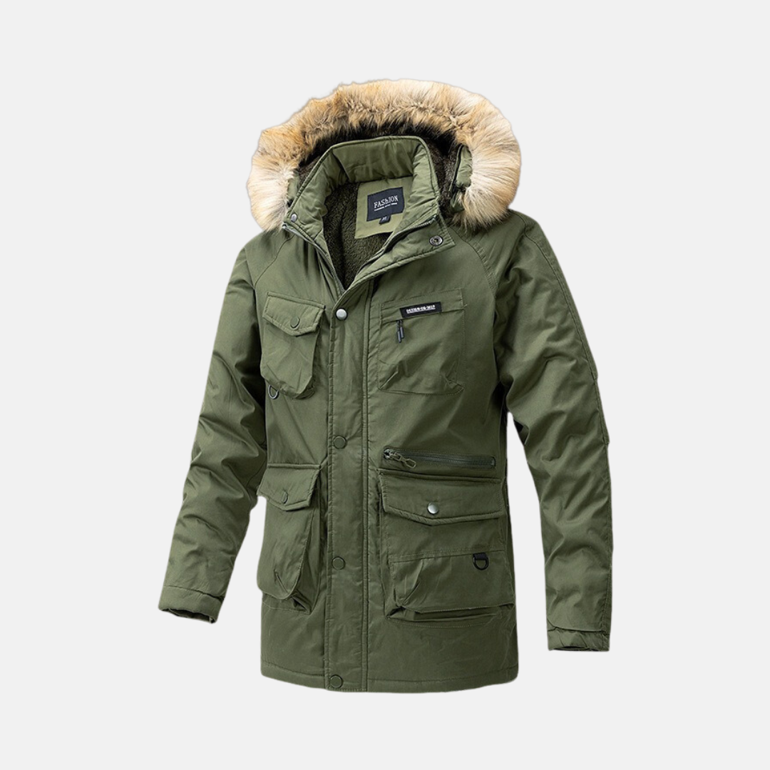 Men's insulated parka jacket weather-resistant relaxed fit with detachable faux fur hood for winter