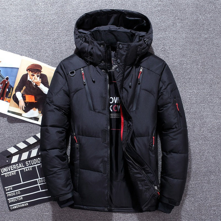 Men's black hooded puffer jacket longer cut zip pockets insulated warmth everyday outdoor wear