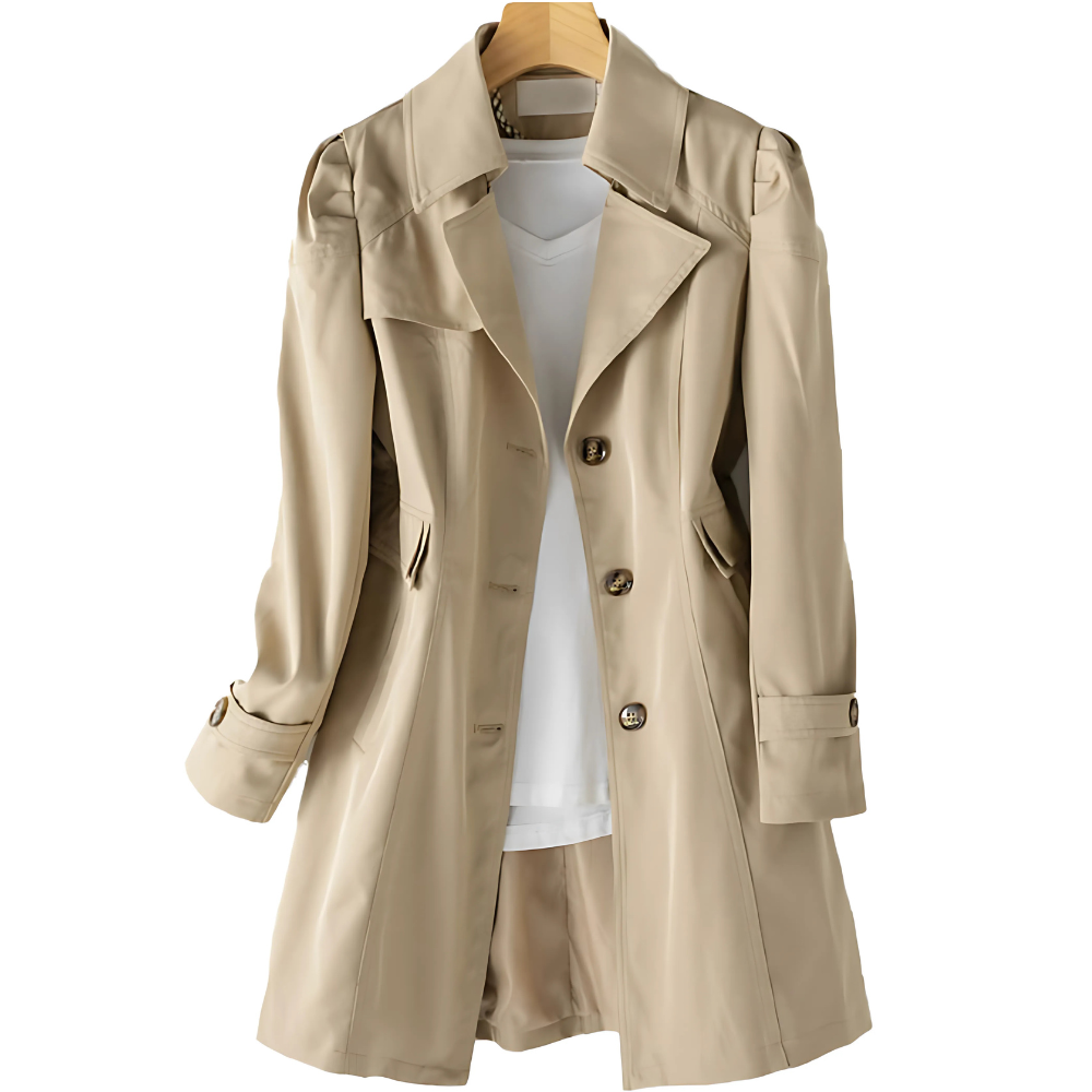 Women's lightweight trench coat classic silhouette refined lapel collar double-button closure everyday elegance