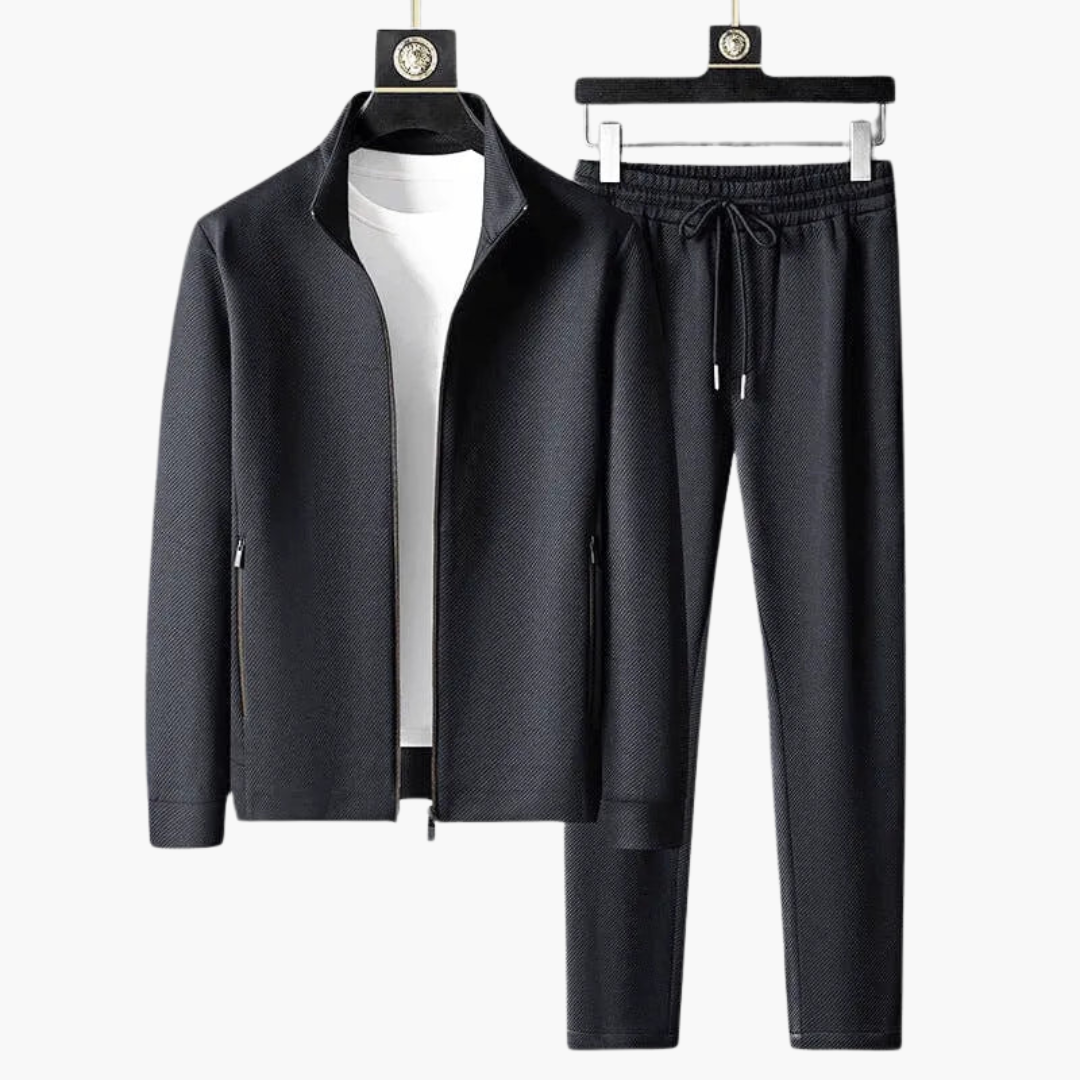 Navy blue men's two-piece suit set structured fit notch lapel jacket and pants business formal