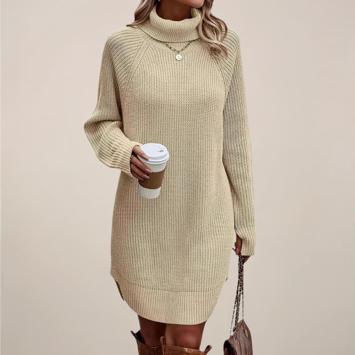 Women's burgundy turtleneck knit sweater dress raglan sleeves knee-length hem cozy elegant
