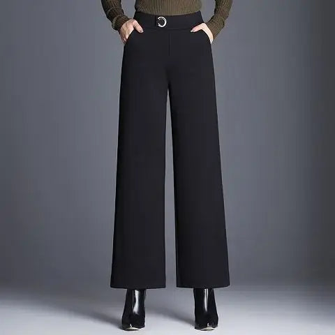 Women's plaid wide-leg trousers high-waisted silhouette with elegant belt accent workwear style