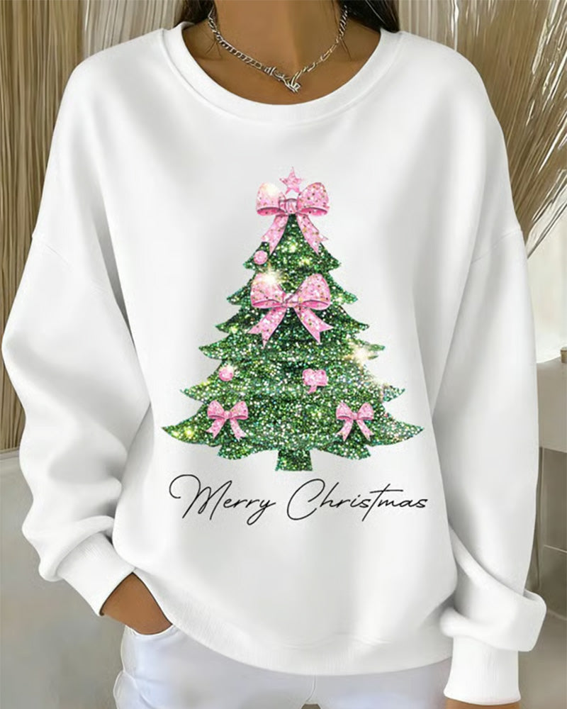 Women's festive holiday sweater soft relaxed fit sparkling glitter Christmas tree pink bows graphic