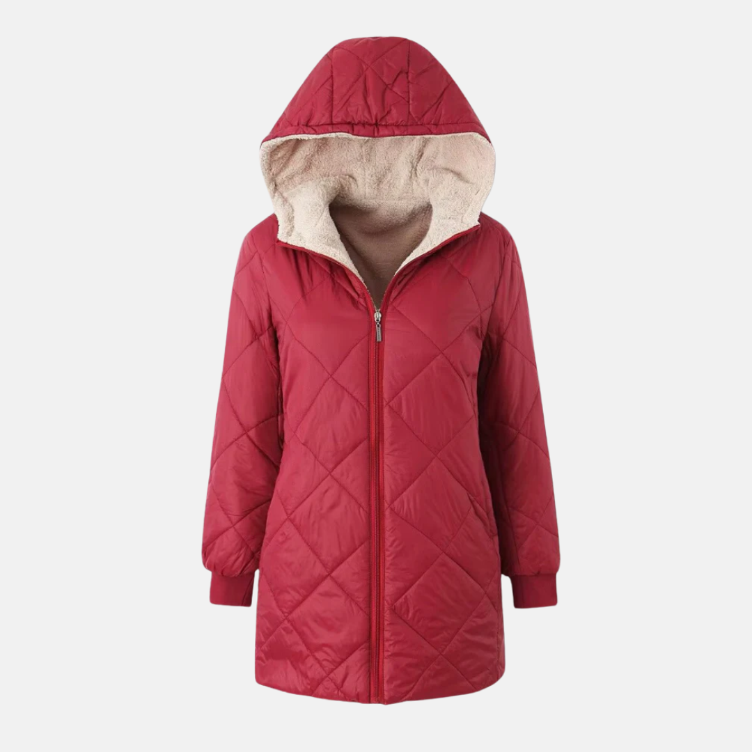 Women's reversible hooded quilted coat mid-thigh length diamond stitching dual-tone warm winter outerwear