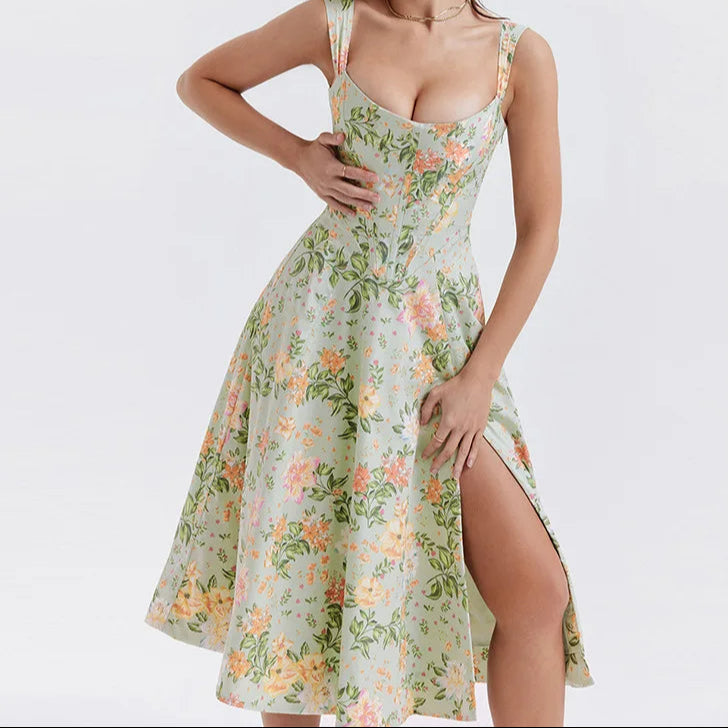 Dahlia floral midi dress with structured bustier bodice and flowing jacquard skirt in romantic print