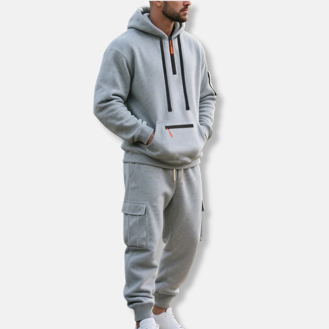 Men's grey relaxed fit tracksuit set half zip hoodie with cargo joggers streetwear two-piece