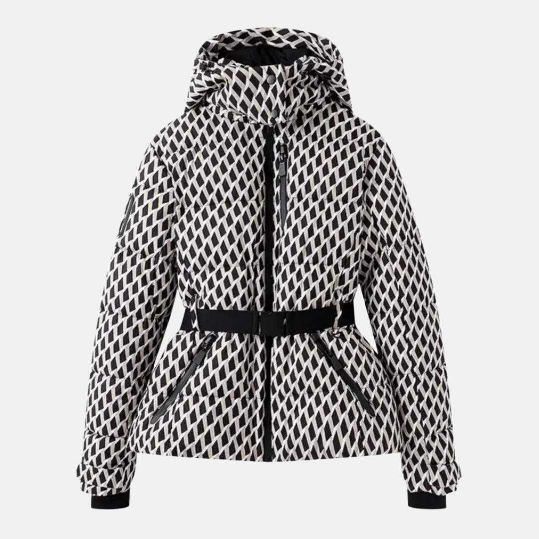 Women's insulated puffer ski jacket with belted waist, waterproof hood, and zip pockets
