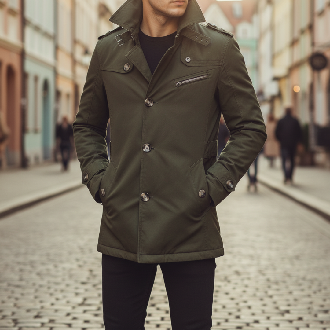 Men's waterproof trench coat black blue brown green button closure classic city commute style