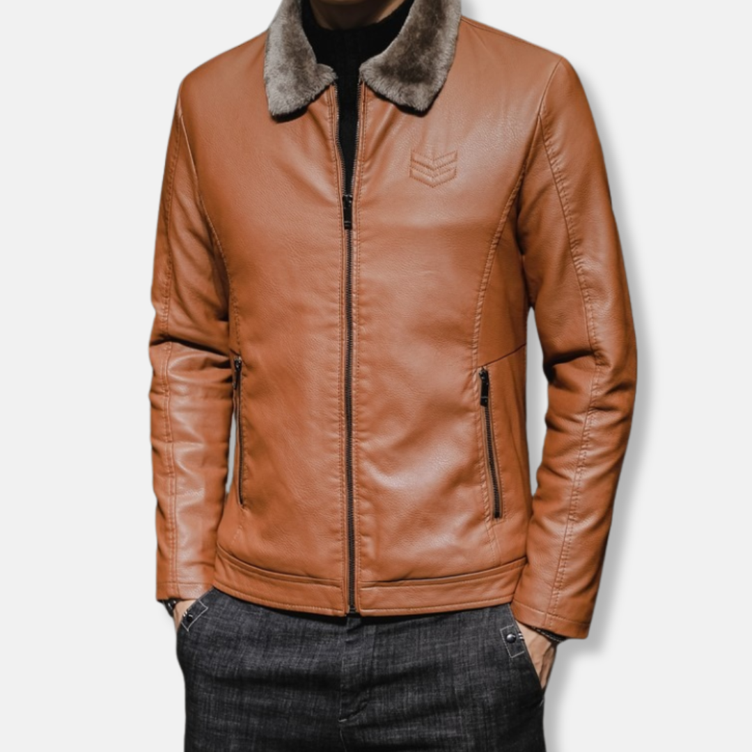 Men's black faux leather jacket turn-down collar full-zip hip-length smart-casual modern fit