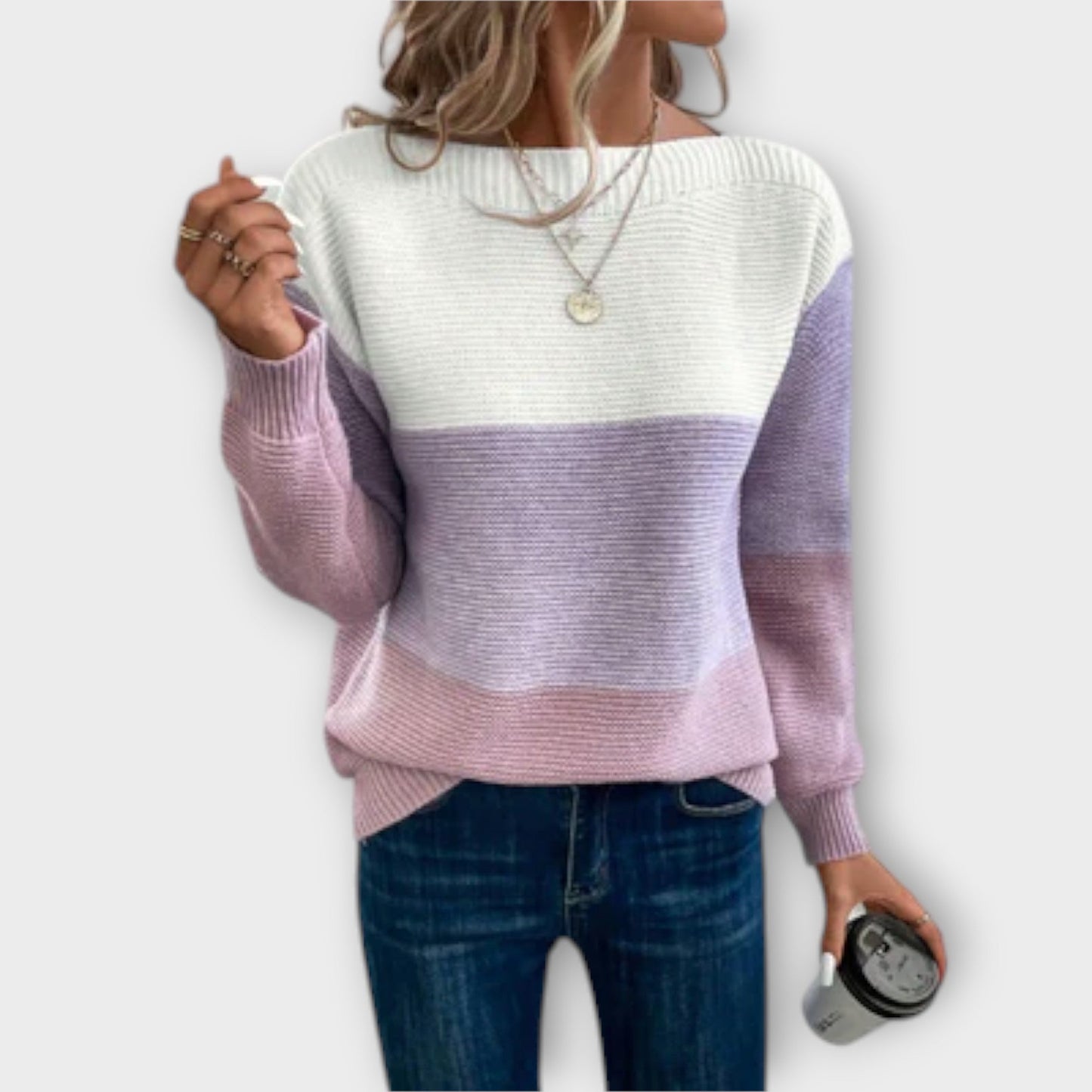 Women's colorblock knit sweater neutral tones relaxed silhouette soft texture casual chic everyday style