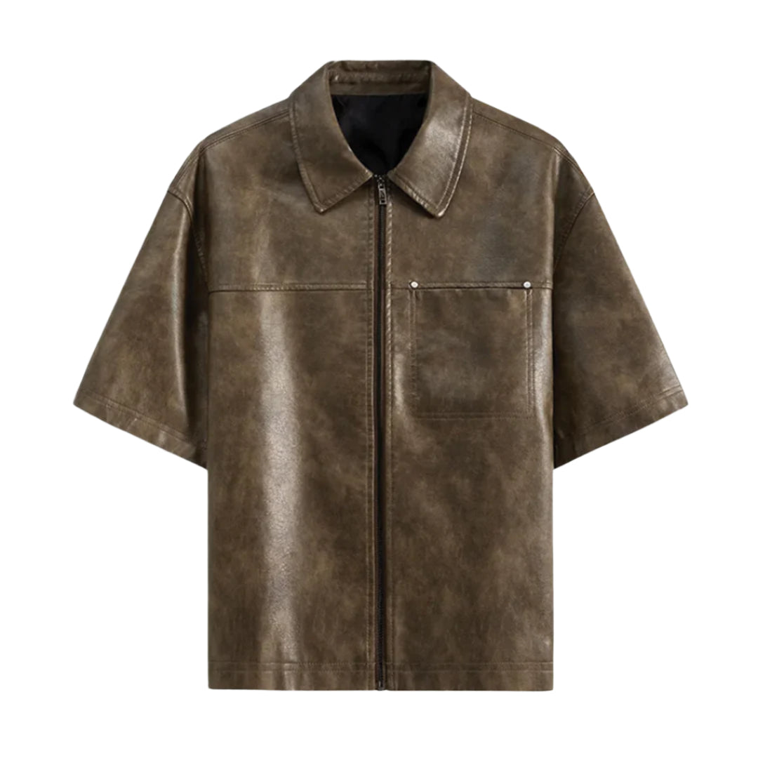 Black vegan leather oversized shirt with drop shoulders and moto-inspired zipper closure