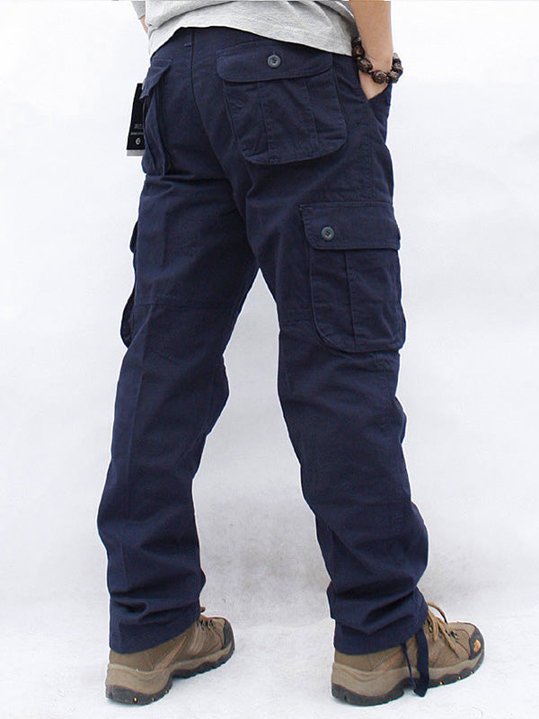 Men's khaki straight-cut stretch cargo pants with 6 utility pockets, durable water-repellent cotton fabric