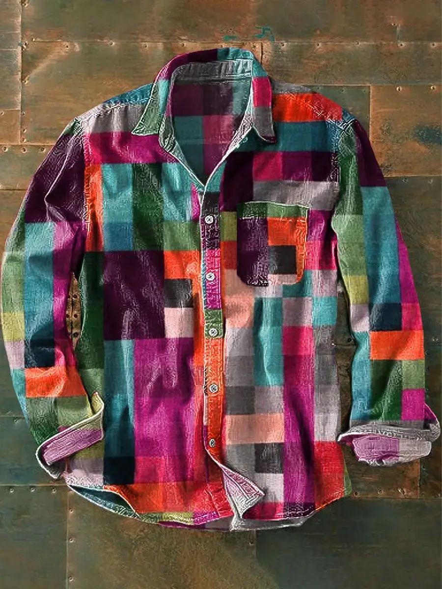 Men's bold multi-tone plaid button-front shirt with vibrant colorful classic casual everyday fit