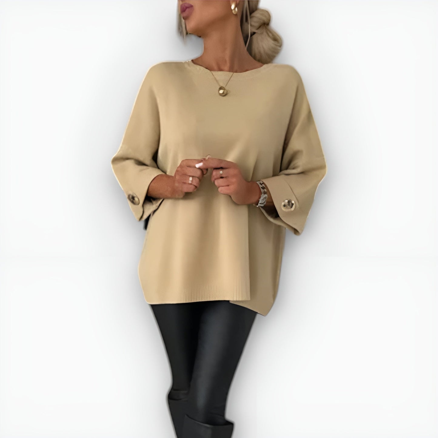 Women's oversized knit sweater relaxed fit fluid drape with decorative button accent sleeves