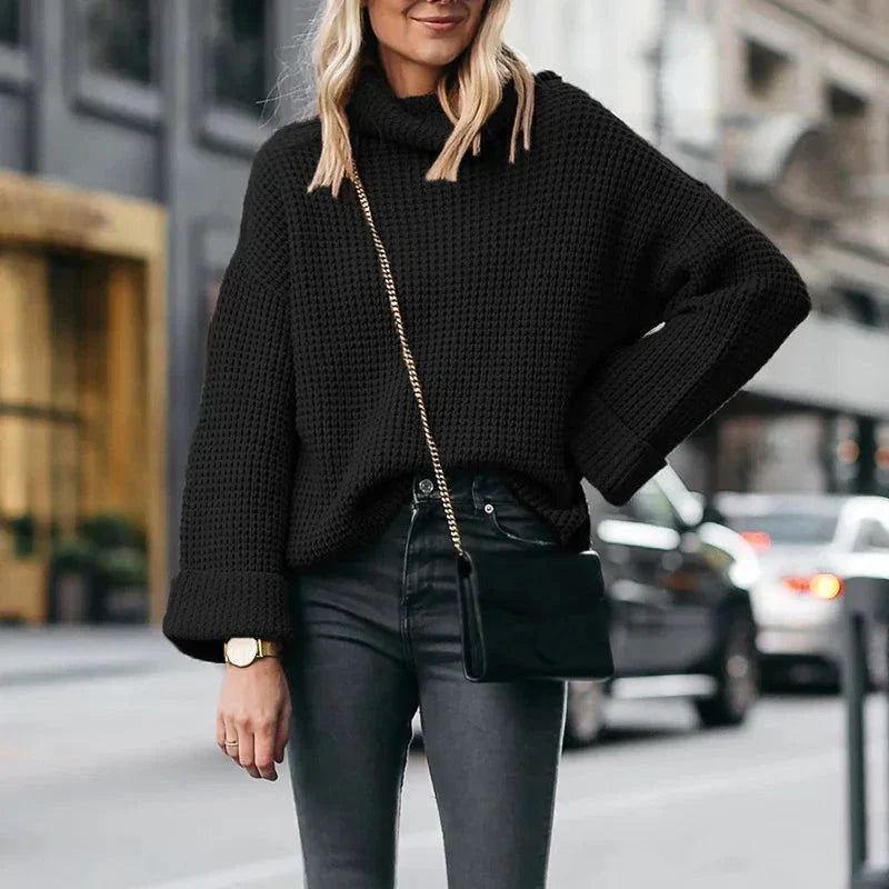 Women's beige waffle knit turtleneck sweater relaxed silhouette with wide sleeves draped neckline