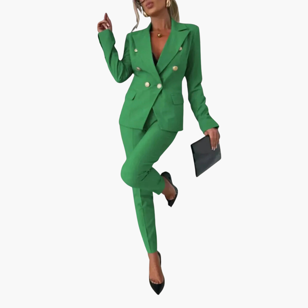 Elegant women's navy blue buttoned jacket and straight-leg pants professional two-piece suit set