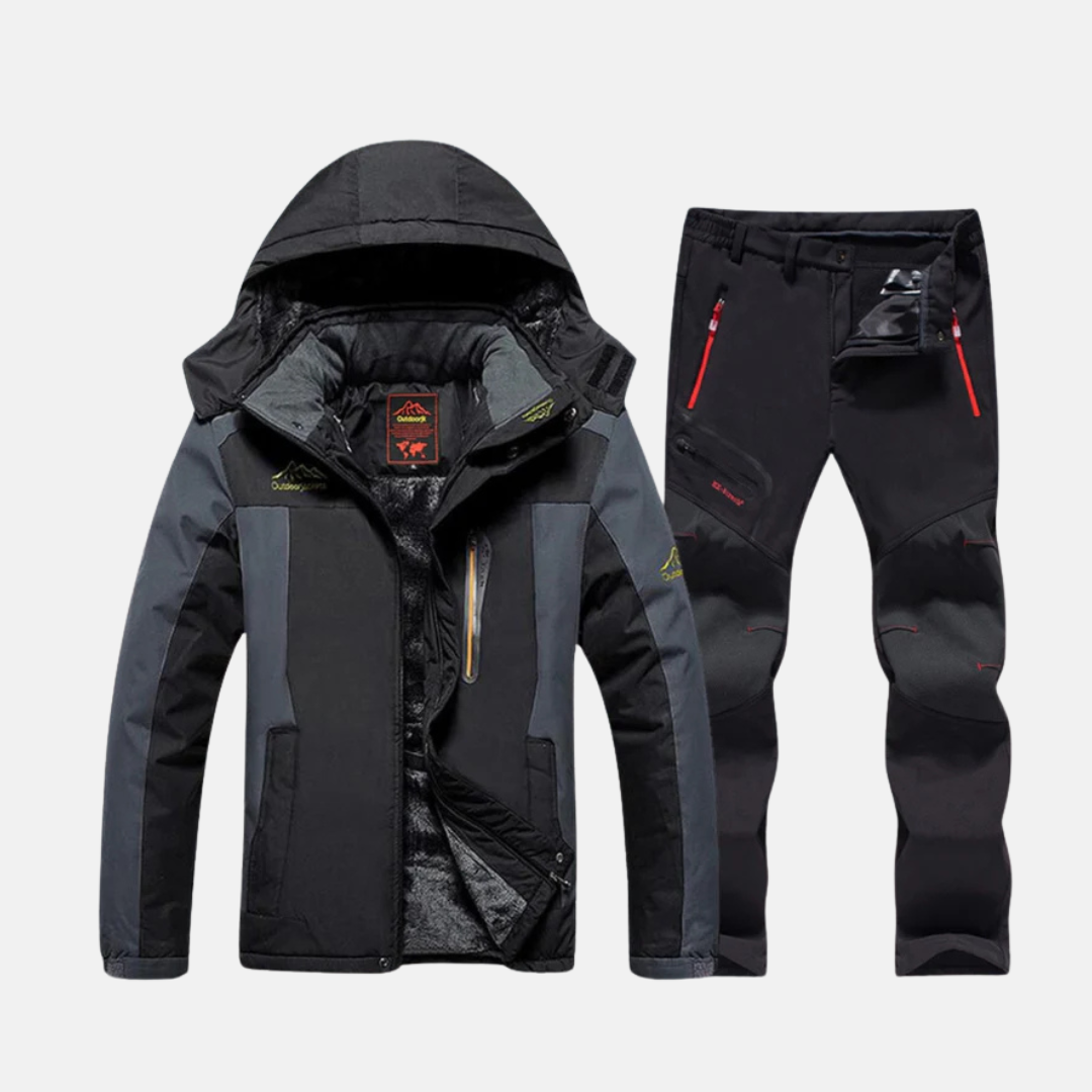 Men's two-piece outdoor jacket set with woven shell, fleece lining, and contrast panel design