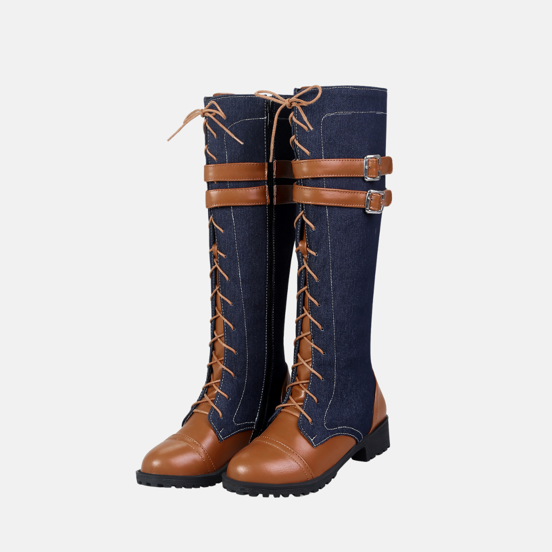Women's black knee-high lace-up boots faux leather structured silhouette chic fall style