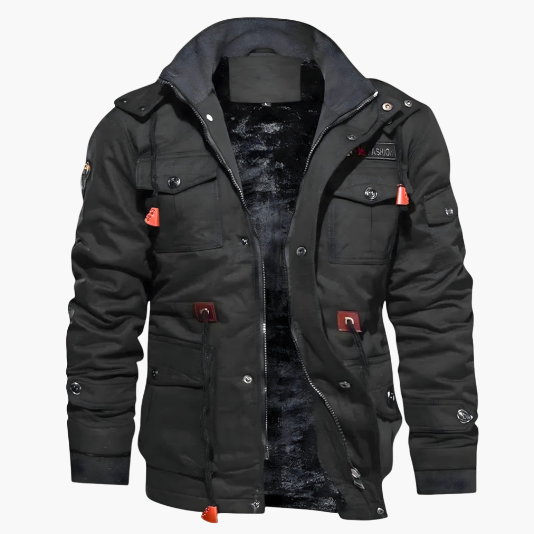 Men's high collar zip jacket with multiple flap pockets, durable casual outdoor style
