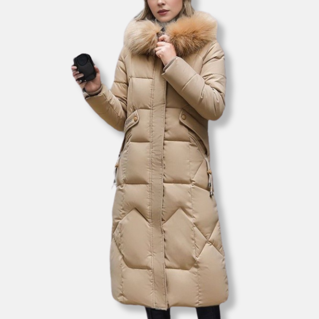 Women's long quilted padded coat slim fit full-length silhouette with detachable faux fur collar