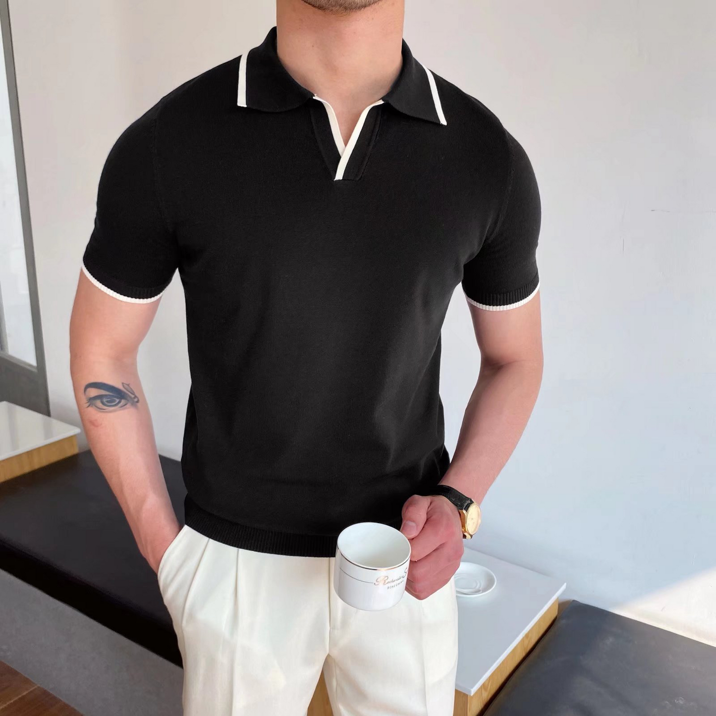 Men's slim fit color block polo shirt in premium breathable cotton with bold contrast panels