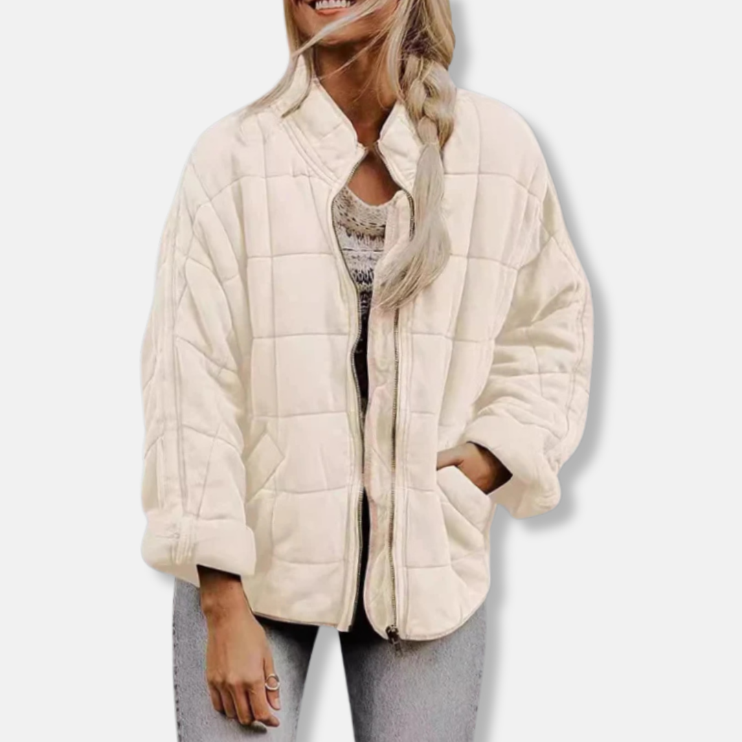 Women's oversized quilted coat relaxed fit stand collar full zip hip length warm winter jacket
