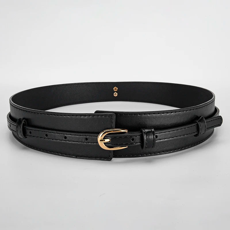 Black vegan leather dual-strap women's belt tailored fit detachable inner strap gold buckle