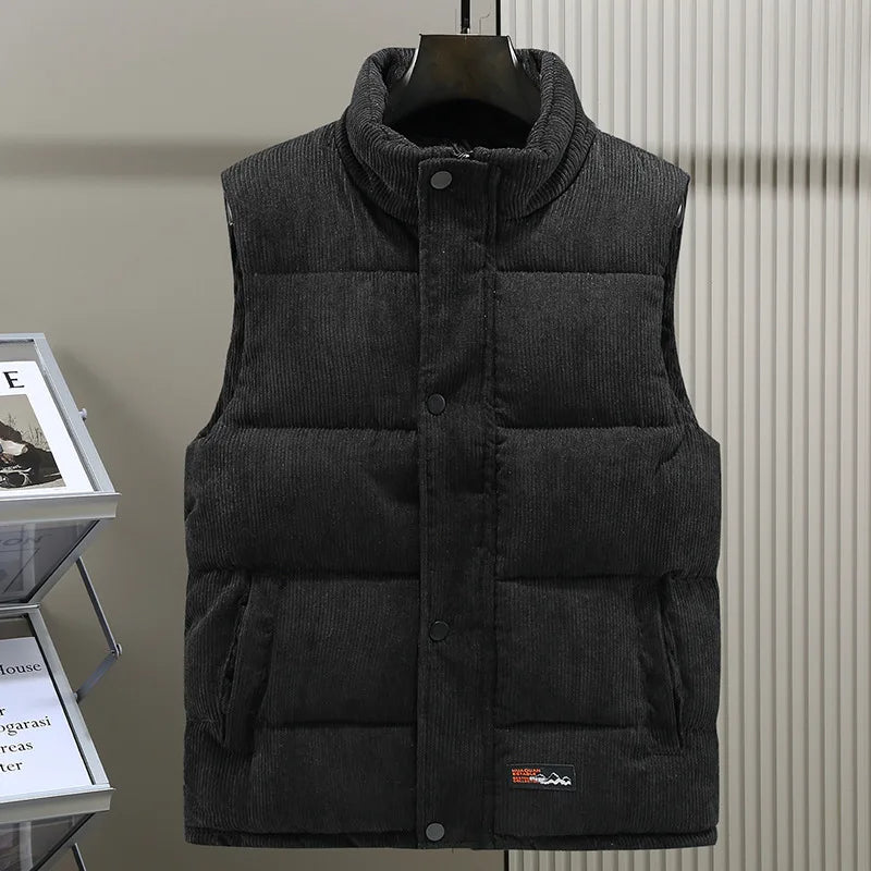 Unisex alpine ribbed puffer vest in neutral tones, lightweight cashmere-cotton blend cold weather layer