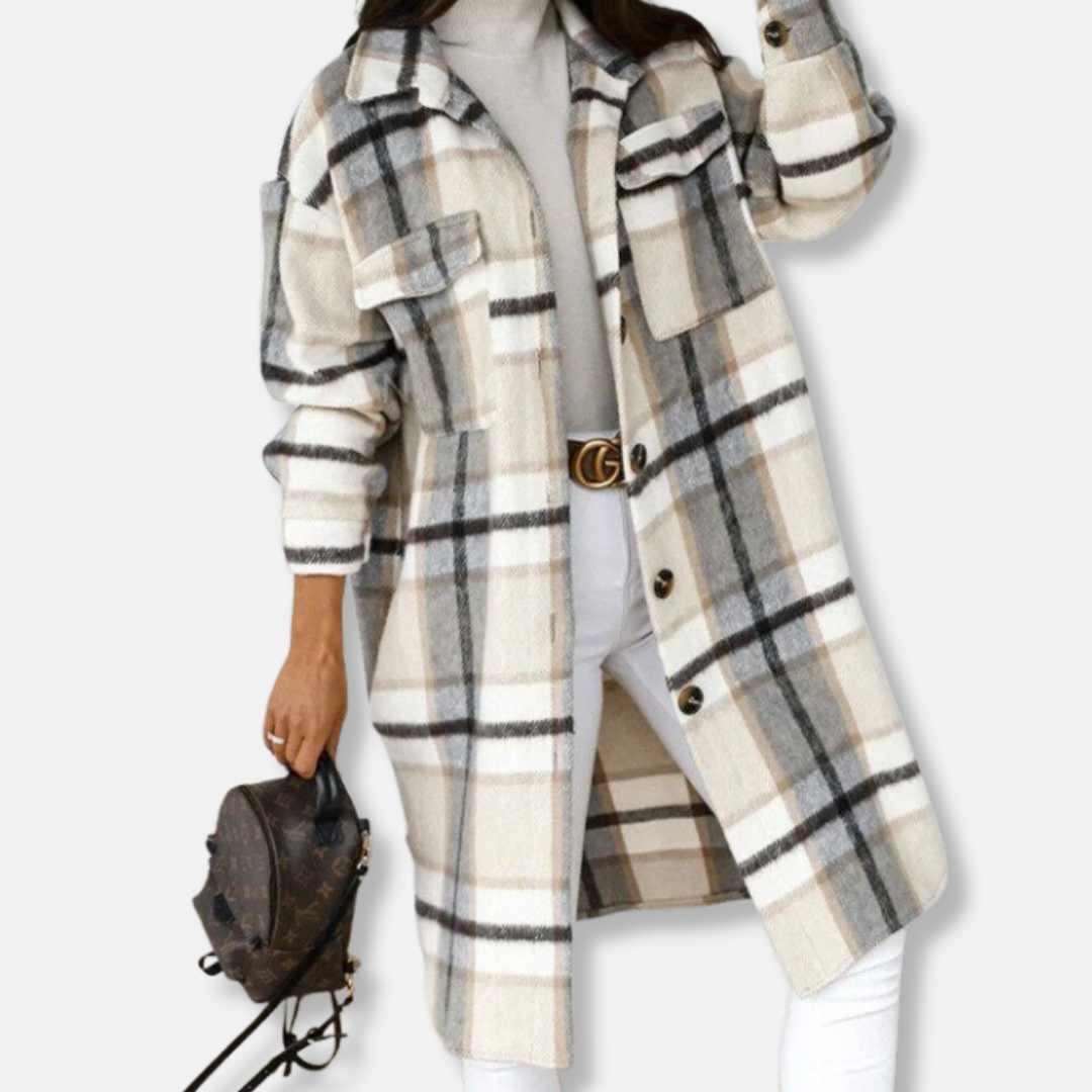 Women's plaid shirt coat thick woven oversized relaxed fit mid-thigh long sleeve layering piece