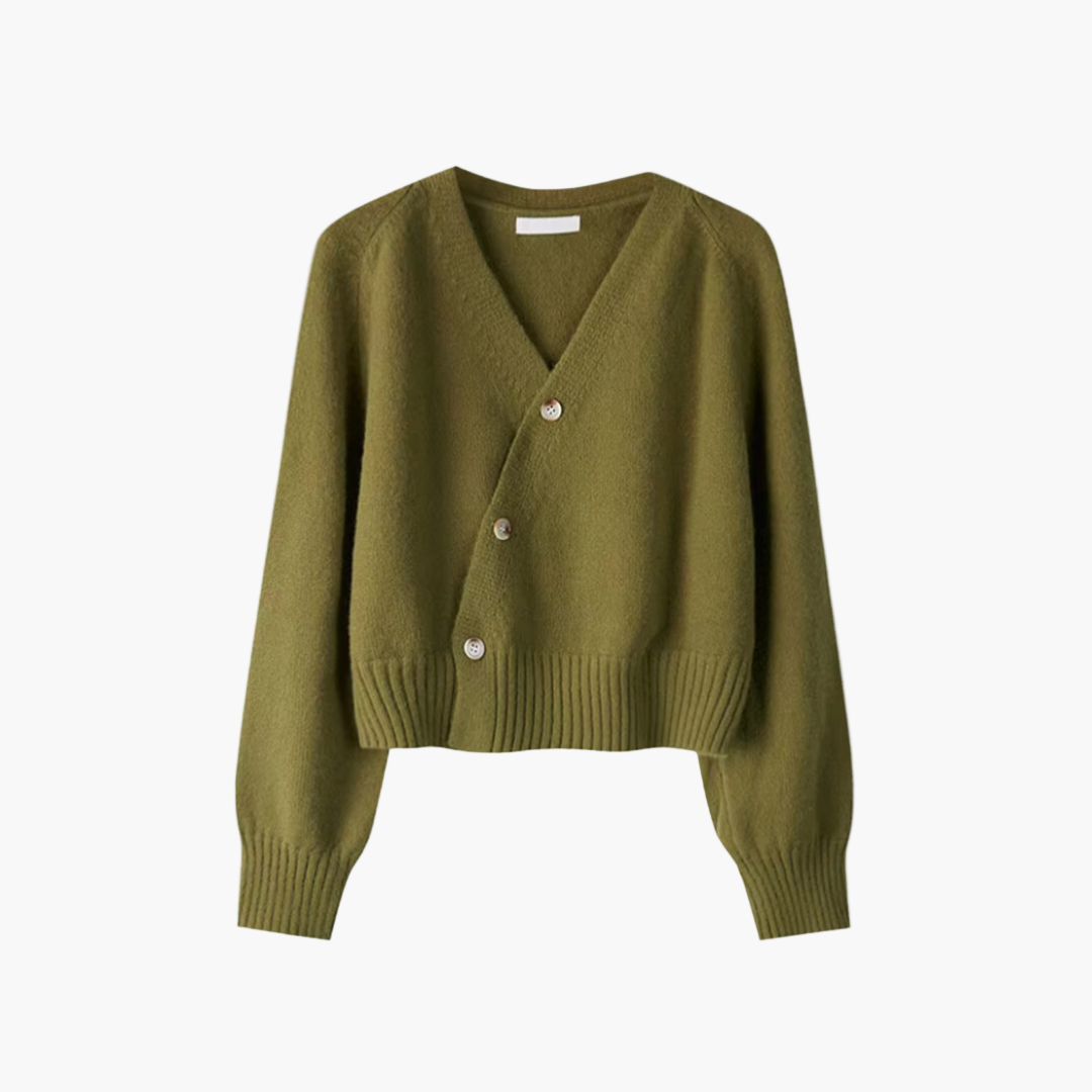 Women's chic V-neck cardigan with diagonal button placket for office casual everyday wear