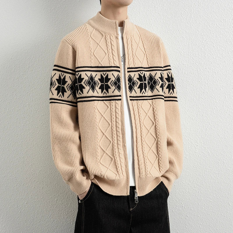 Heavyweight unisex cable-knit zip cardigan with Nordic jacquard panels, stand collar, full-zip closure