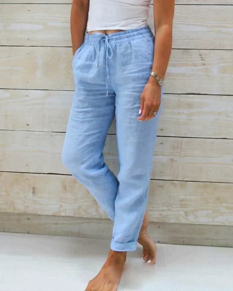 Women's relaxed fit linen pants with elastic drawstring waist and side pockets, lightweight everyday comfort