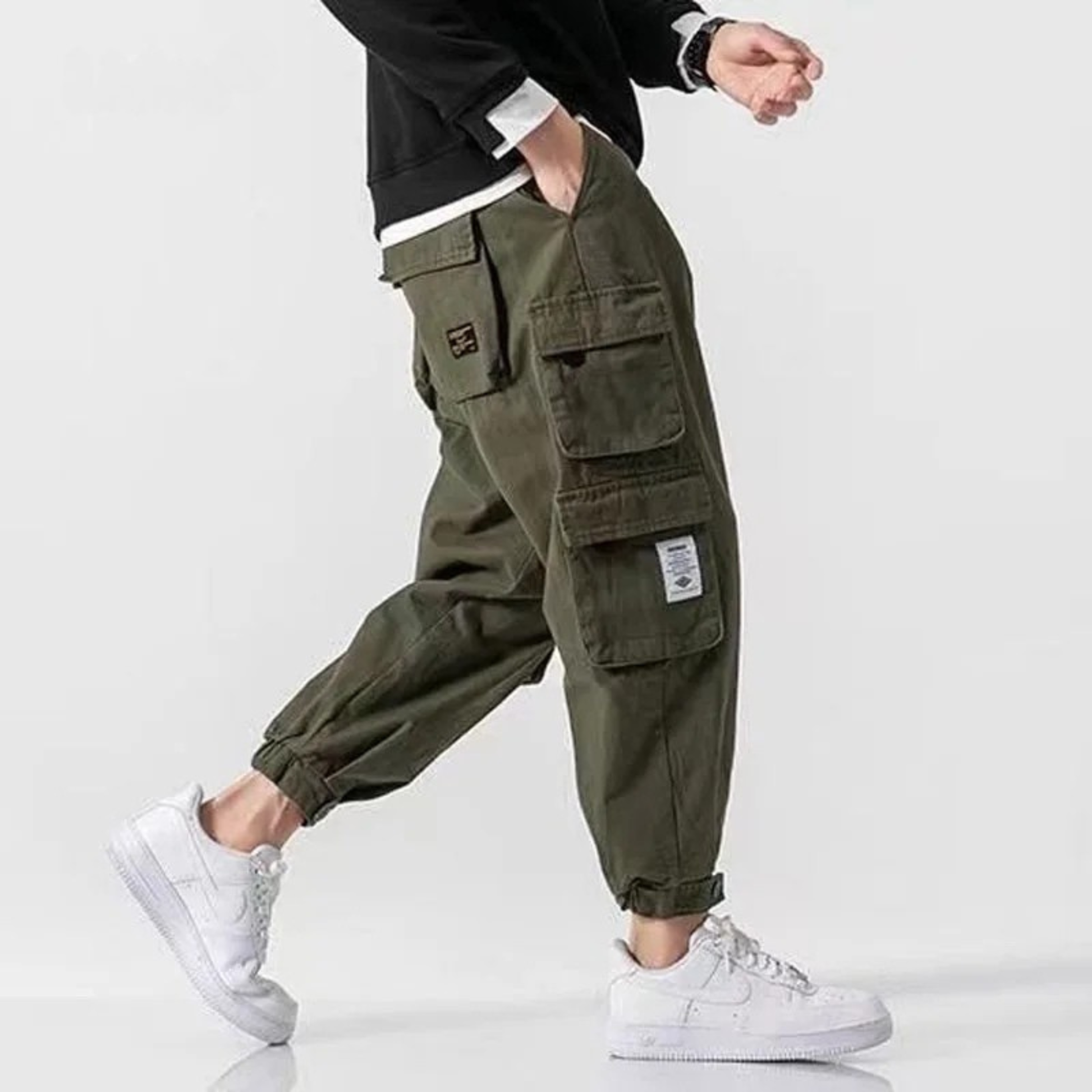 Men's olive tapered cargo pants heavyweight cotton oversized flap pockets drawcord waist casual fit
