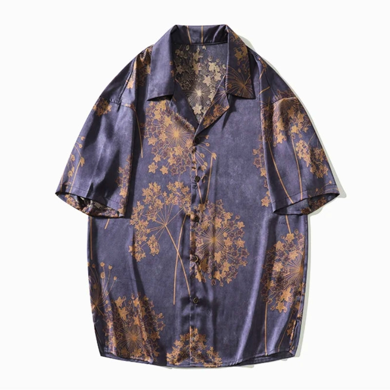 Men's rust-brown floral print shirt relaxed fit breathable satin finish short sleeve