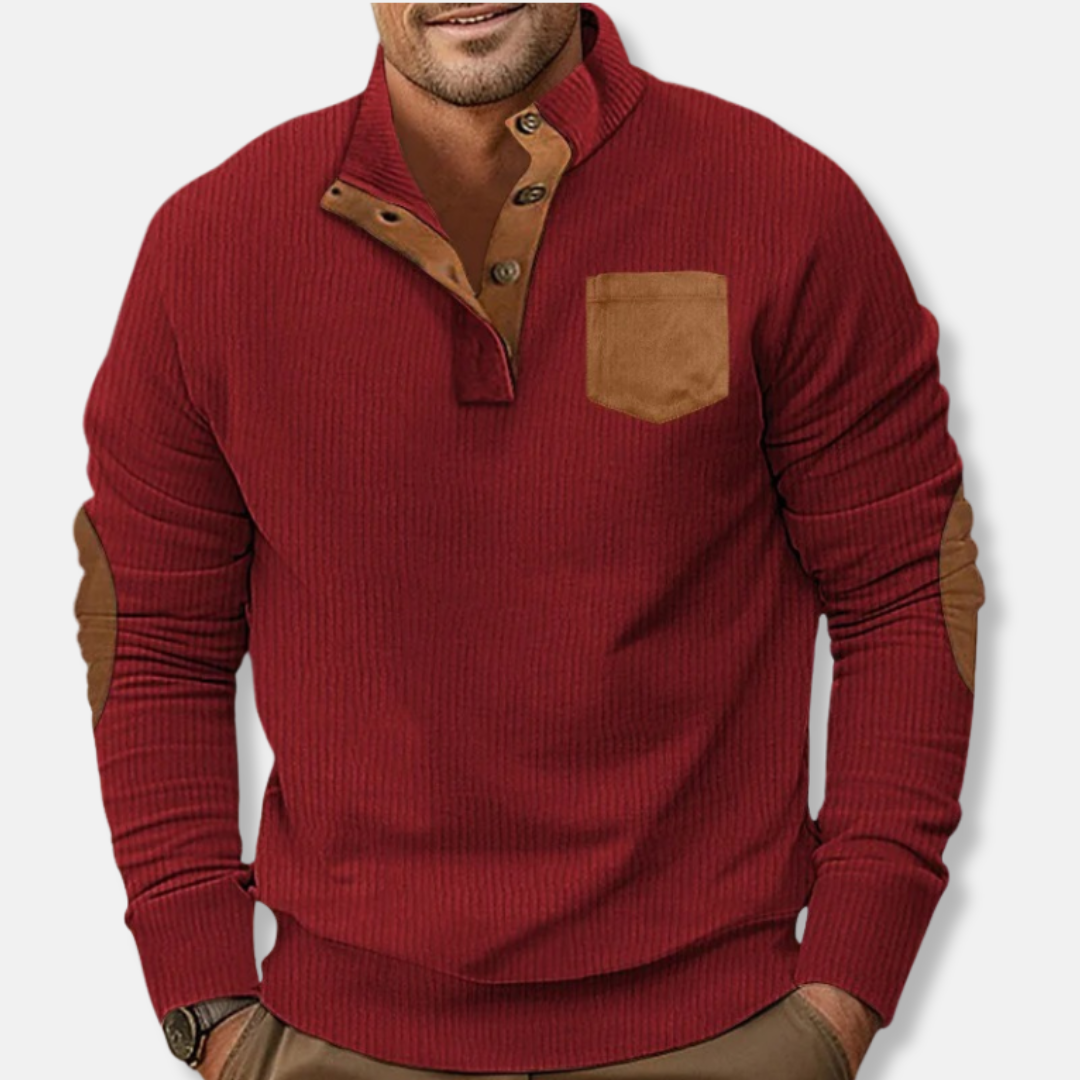 Men's ribbed knit sweatshirt stand collar contrast elbow patches casual everyday style