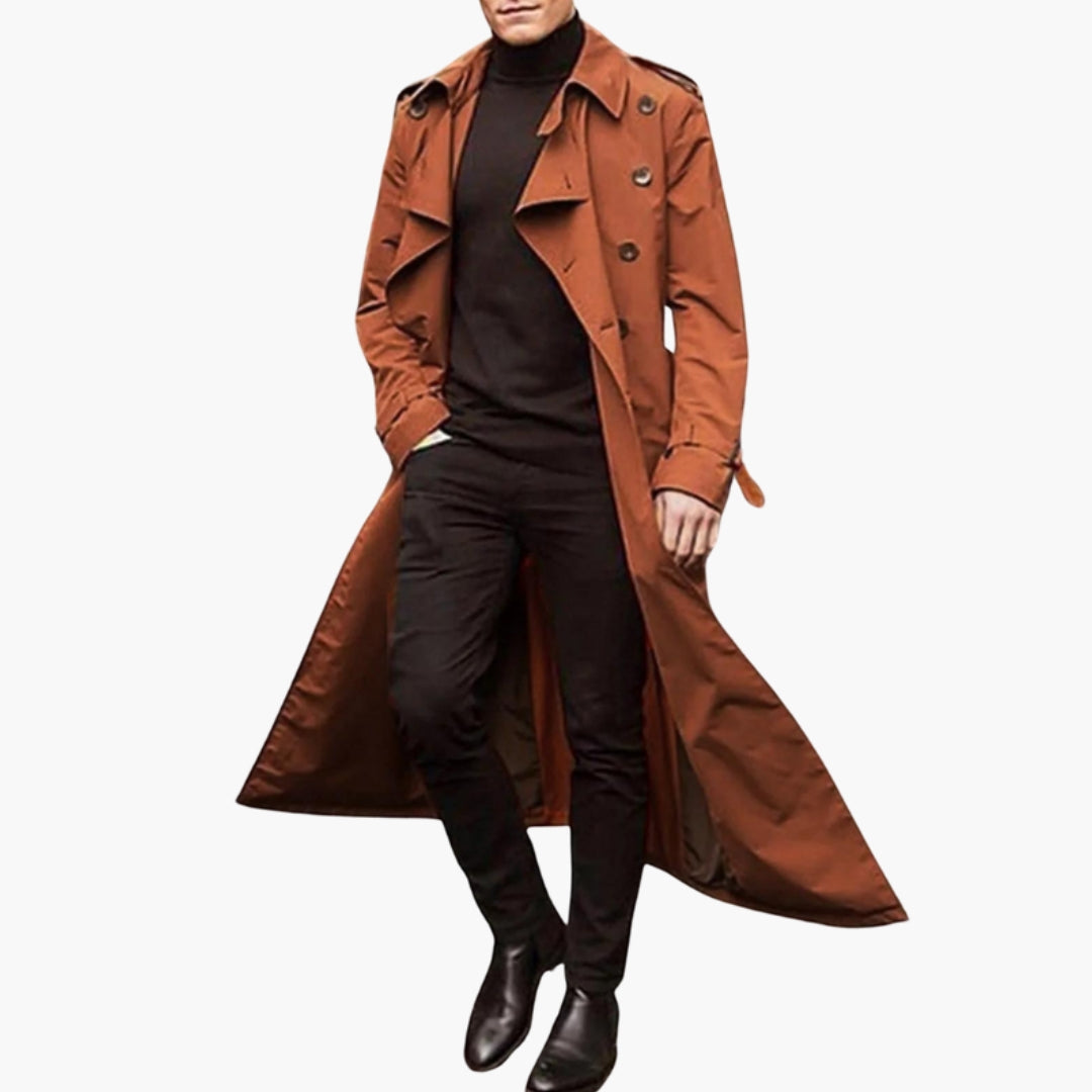 Men's long belted trench coat with wide notched lapels in classic ankle-length silhouette
