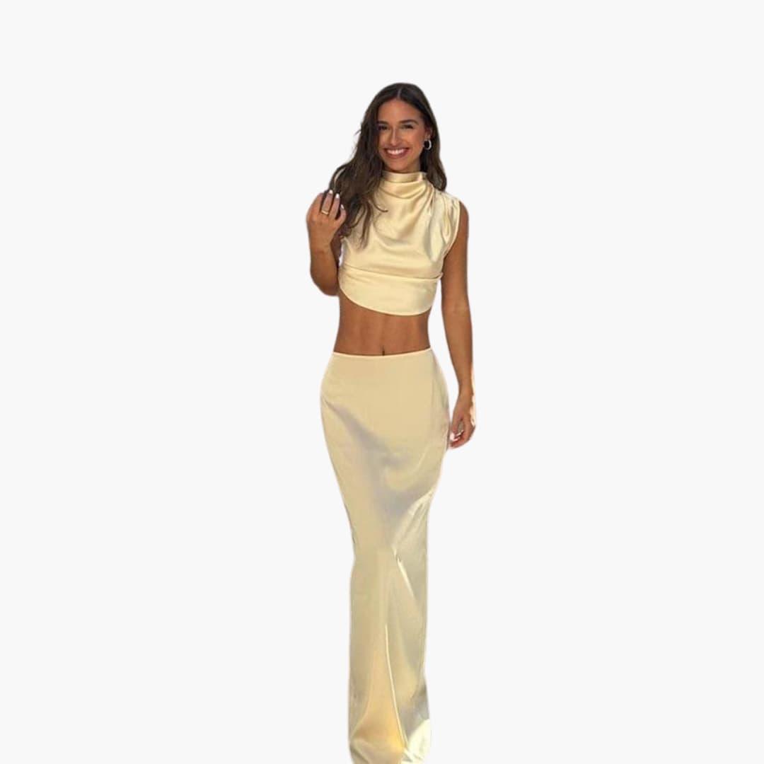 Women's satin two-piece blouse and pants set with luxurious shine and comfortable coordinated fit